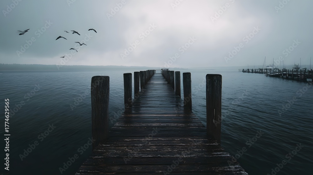 Fototapeta premium Weathered wooden pier on a misty lake with flying seagulls and distant marina