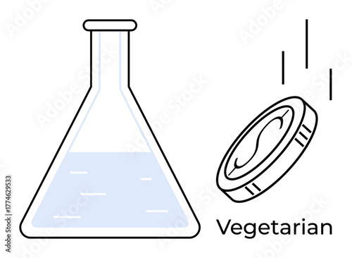 Chemical flask filled with liquid alongside a falling capsule labeled vegetarian. Ideal for biotechnology, modern nutrition, plant-based diets, food science, pharmaceuticals, sustainable food