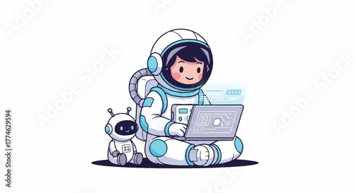 A cheerful child in a white spacesuit sits cross-legged with a robot and uses a laptop on a plain white background with a playful mood.