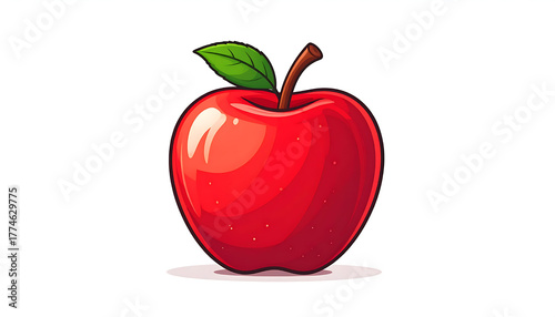  AI-generated image of A vibrant digital illustration of a red apple with a green leaf and curved stem, rendered with glossy highlights and subtle speckles. Perfect for educational and health