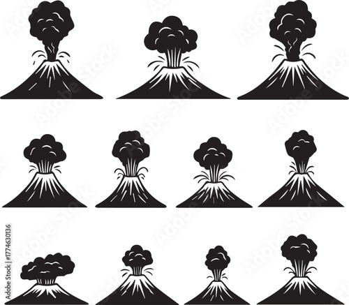 Volcano Eruption Series: A stylized collection of volcanic eruptions in various stages, representing the raw power and natural spectacle of geological activity. 