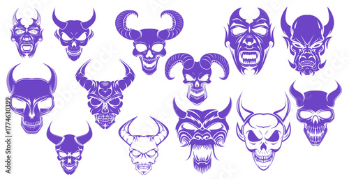 Fiendish Faces: A collection of meticulously crafted, stylized illustrations of demon and skull faces, perfect for a tattoo and designs. 