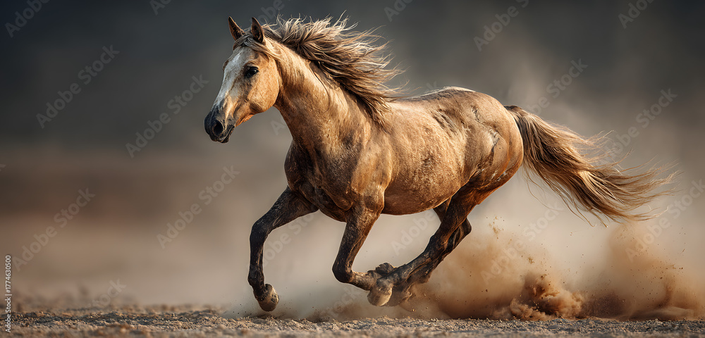 Obraz premium Artistic illustration of a running horse. The equine is in motion its mane and tail flowing in the wind. Drawing shows speed power and grace.