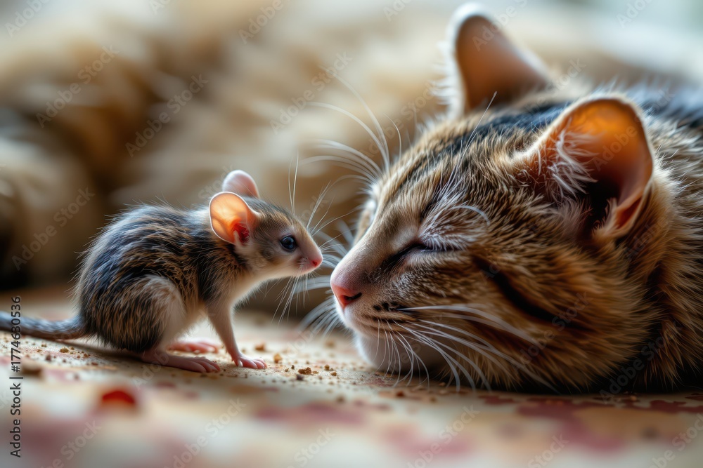 Obraz premium A daring mouse examines a sleeping cat in a suspenseful scene, captured with shallow depth of field for a dramatic and intimate feel.