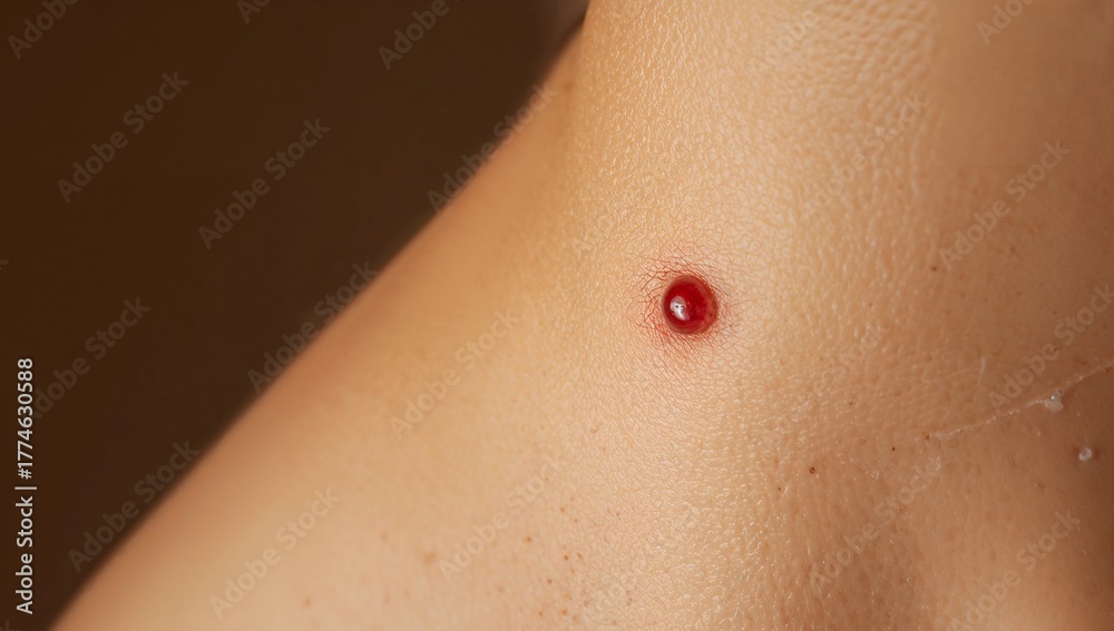 Fototapeta premium Close-up of a droplet of red liquid on skin surface 