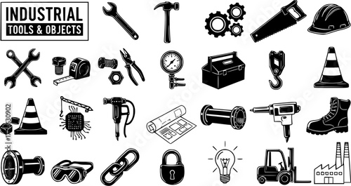 Industrial Tools and Objects Icon Set - Vector illustrations of Construction, Engineering, Manufacturing Equipment, Mechanic Gear, and Safety Symbols in Black and White