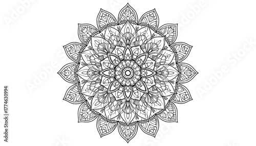 Intricate black and white circular design with radial symmetry. Complex floral patterns emanate outwards. A calming, detailed art piece