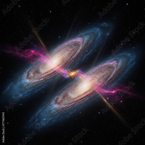 Two spiral galaxies connected by glowing cosmic bridge in deep space, vibrant colors and bright stars create stunning celestial scene full of cosmic energy and mystery