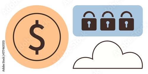 Dollar sign, cloud shape, and three padlocks visually convey themes of financial security, online storage, data protection, digital privacy, cybersecurity, cloud technology and internet safety. A