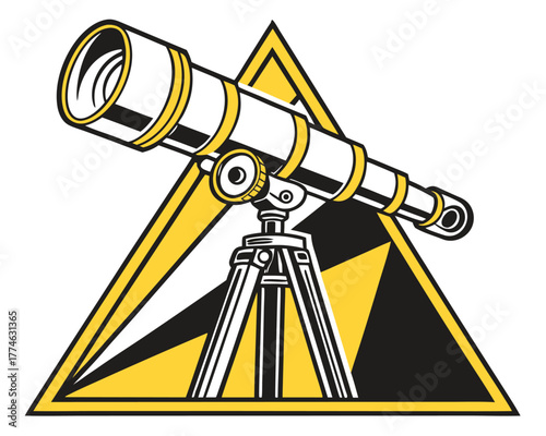 Stylized Astronomical Telescope on Tripod with Graphic Triangle Background