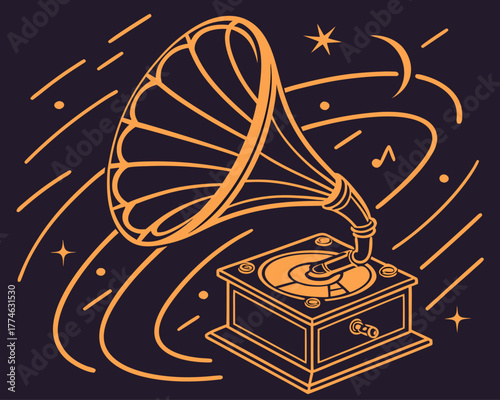 Vintage Gramophone Music Player with Retro Sound Waves