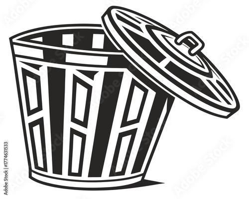 Black and White Trash Can with Open Lid Illustration