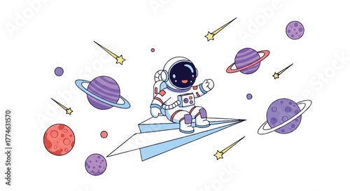 Astronaut riding a paper airplane through space with planets, stars, and meteors in a colorful, cartoonish illustration with a playful and adventurous mood.