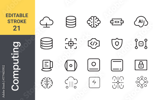 The collection of quantum computing solid icon vectors illustration,Cloud computing and data storage icon set