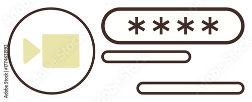 Camera icon next to password input field with asterisks representing secure video access. Ideal for privacy, online meeting, authentication, data protection, cybersecurity, login, virtual