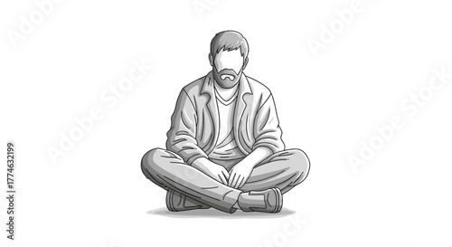 Man Sitting Cross Legged Calmly Isolated On White Background Casual Style