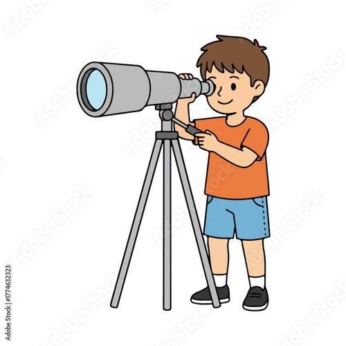 Boy Looking Through Telescope Observing Sky and Stars