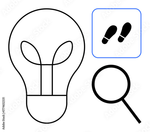 Light bulb with organic filament, magnifying glass, and footsteps enclosed in a square. Ideal for ideas, innovation, sustainability, investigation, discovery eco-friendly initiatives growth. A