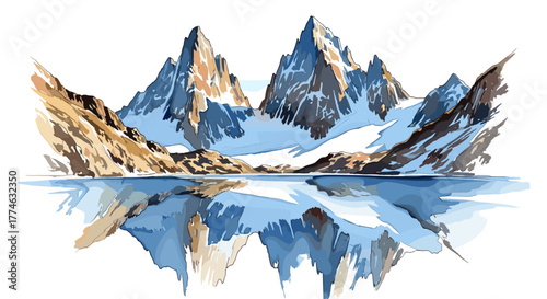 Majestic Mountain Peaks Reflected in Calm Alpine Lake Watercolor Illustration