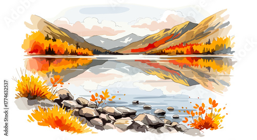 Serene Autumn Lake Reflections Majestic Mountains Vivid Orange Foliage Mountain Landscape Scenic Beauty