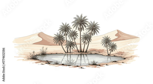 Oasis In Desert With Palm Trees Reflecting In Water Scenic Beauty