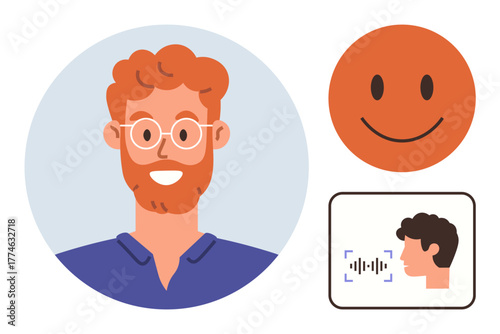 Smiling man portrait with glasses, a cheerful orange smile graphic, and a voice recognition interface. Ideal for identity verification, user interface, facial recognition, customer experience
