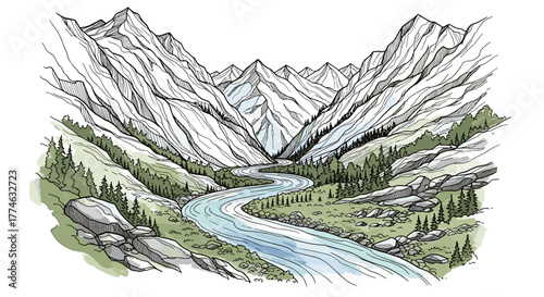 Majestic Mountain Valley with Winding River and Lush Greenery Illustration Style
