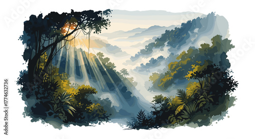 Misty Mountain Range Sunrise With Sunbeams Shining Through Trees Beautiful Nature Landscape