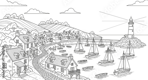 Charming coastal village scene with sailboats and lighthouse overlooking the harbor illustration