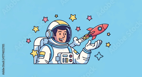 Illustration of an astronaut in a spacesuit holding a toy rocket with colorful stars on a blue background.