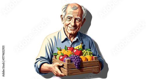 Elderly Man Holding Wooden Crate Full of Fresh Colorful Fruits Isolated on White Background