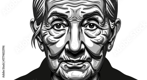 Detailed Black and White Portrait Illustration of an Elderly Man with Wrinkles Expressing Wisdom and Experience