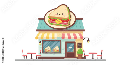 Flat illustration of a colorful food shop with a sandwich sign and outdoor seating on a white background.