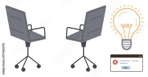Two swivel office chairs face each other near an illuminated light bulb and error popup screen. Ideal for teamwork, innovation, productivity, problem-solving, brainstorming, communication, simple