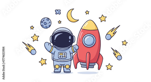 Colorful illustration of an astronaut standing beside a rocket surrounded by stars, planets, and celestial bodies on a white background.