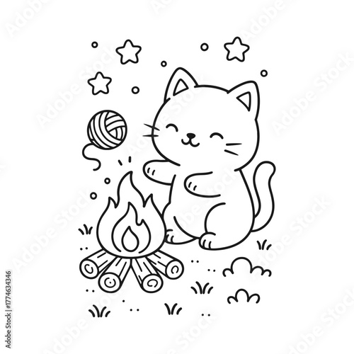 Cats playing with a campfire. Hand-drawn coloring pages