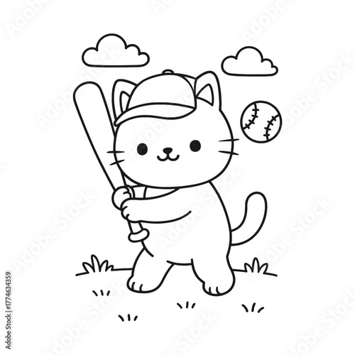 Cat playing baseball. Hand-drawn coloring pages