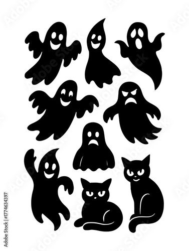 Halloween Ghosts and Black Cats Set