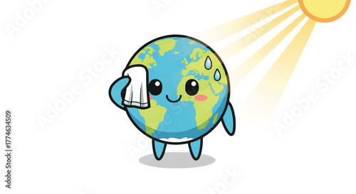 A cartoon Earth character wiping sweat with a cloth under the sun's rays on a white background with a playful and hot mood.