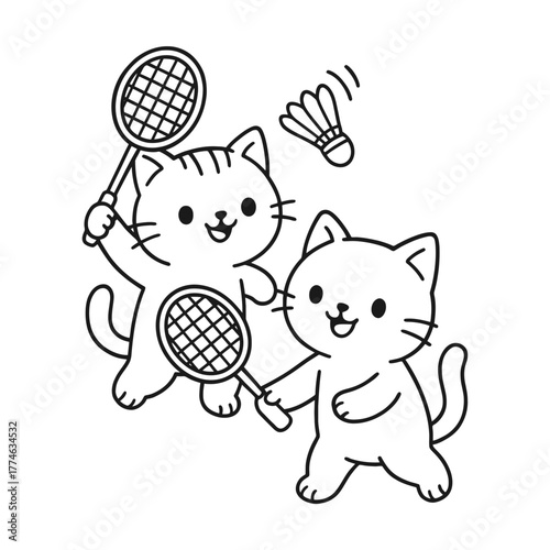 Cats love playing badminton. Hand-drawn coloring pages