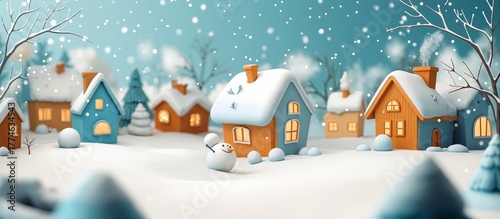 Whimsical winter village under falling snow, glowing houses and cozy charm. A festive, magical scene full of warmth and seasonal cheer, perfect for Christmas, winter holidays, and joyful illustrations