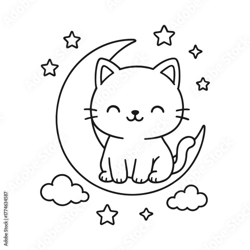 A cat sitting on the moon. Hand-drawn coloring pages