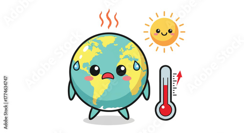 A cartoon globe with a sweating face and thermometer beside it, conveying heat stress on a white background with a worried expression.