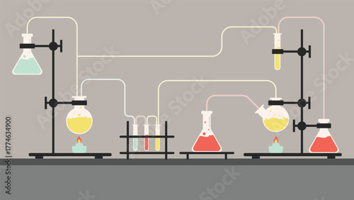Minimal flat style chemistry lab illustration showing flasks, beakers, and test tubes with colorful liquids connected through pipes on a light background for science concepts