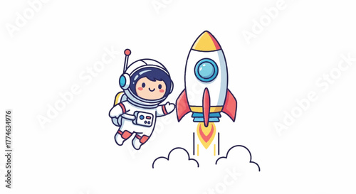 A cartoon astronaut in a white spacesuit jumping beside a colorful rocket ship with red fins and a yellow flame on a plain white background with a playful mood.