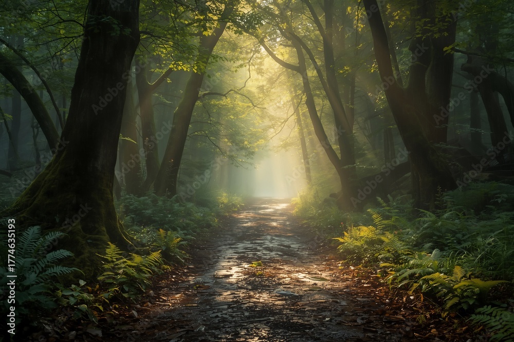 Obraz premium Cinematic light reflects on a wet forest path after rain. Mist and soft tones create a serene, natural, and atmospheric woodland scene.