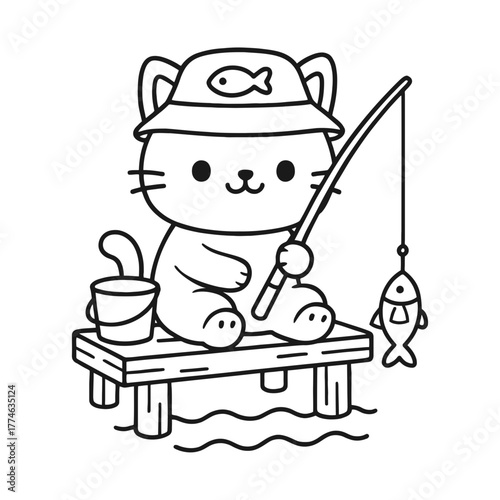 Cats love fishing. Hand-drawn coloring pages