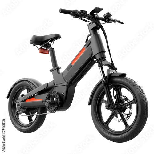 Black electric bicycle with fat tires and orange accents isolated on Transparent Background