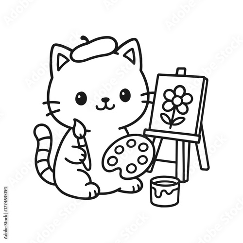 Painter Cat. Hand-drawn coloring pages