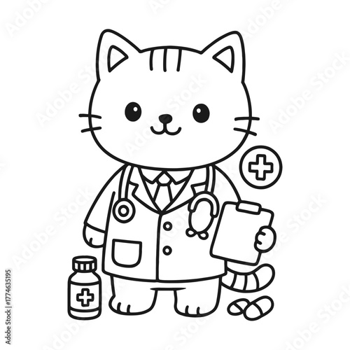 Cat becomes a doctor. Hand-drawn coloring pages